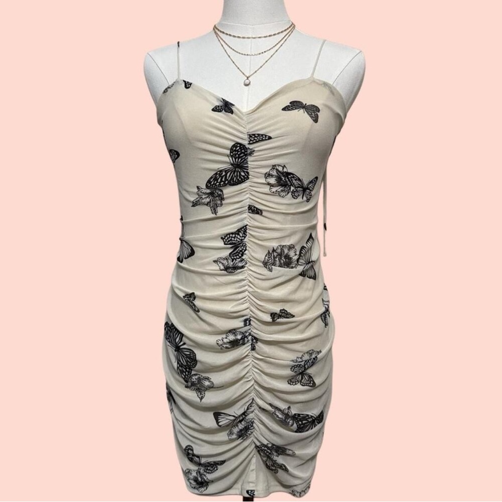 Chic Butterfly Print Ruched Mini Dress S Bailey Rose